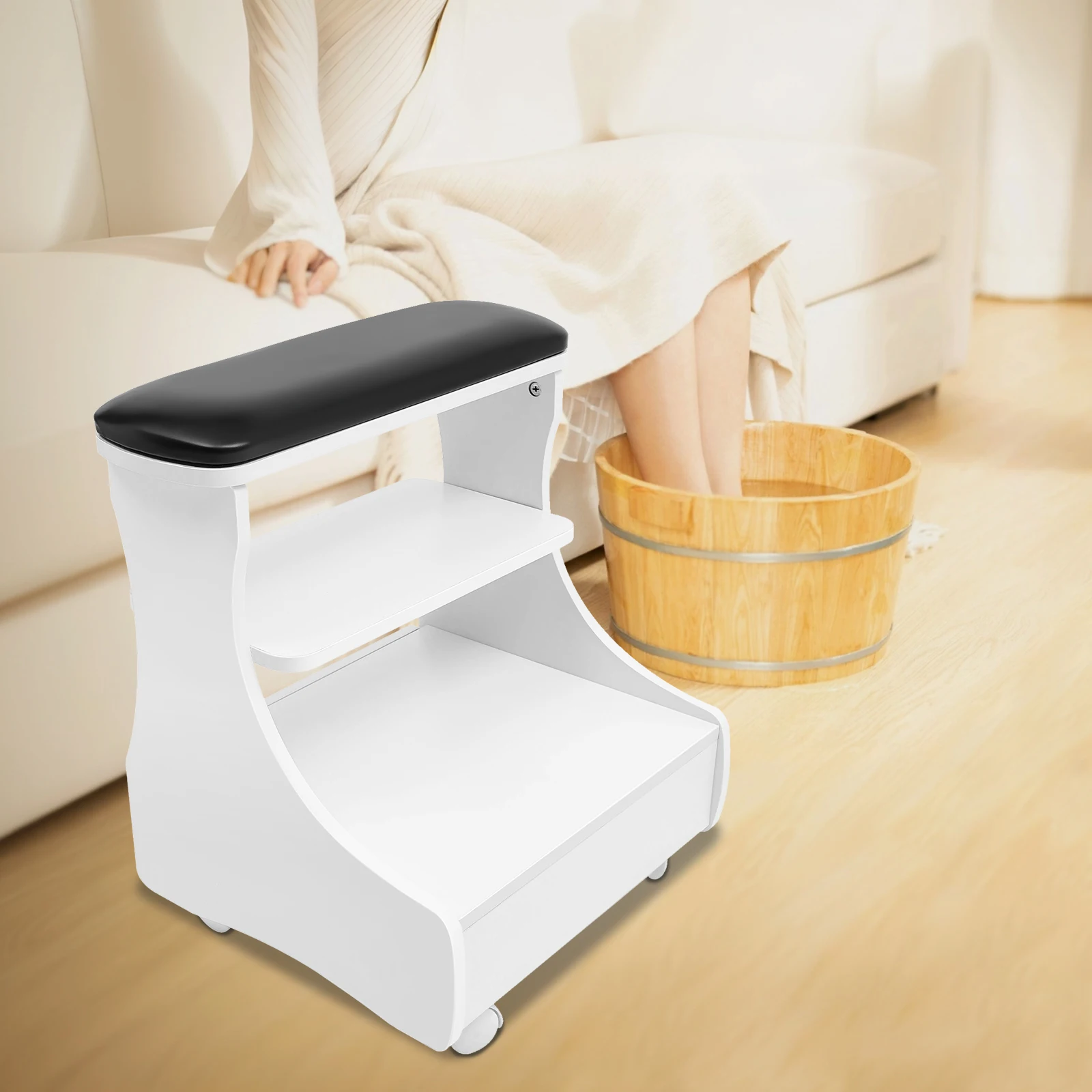 

Foot Rest Pedicure Trolley w/ 4 Wheels w/Brakes, Portable Foot Bath Spa Cart w/Practical Drawer, Pedicure Foot Bath Stand