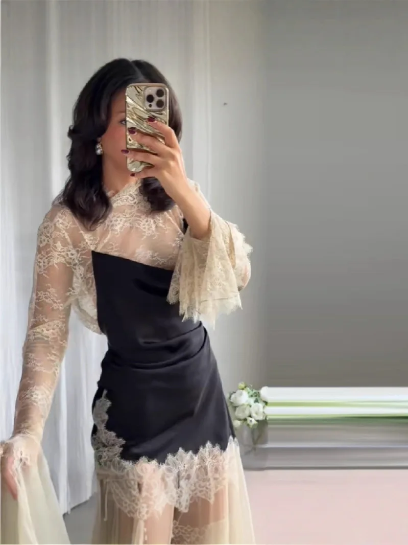 فستان قصير أنيق من الساتان مُزين بالزهور والدانتيل للنساء بحاشية غير منتظمة وأكمام طويلة فساتين للسيدات 2026 أنيقة للحفلات المسائية #6