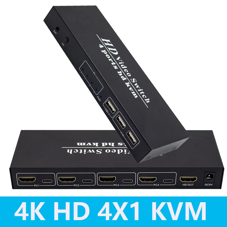 4K 4X1 Port USB HDMI KVM Switch 4 in 1 out Video Converter Switch Selector with Desktop Controller for 4 PC Share Monitor Mouse