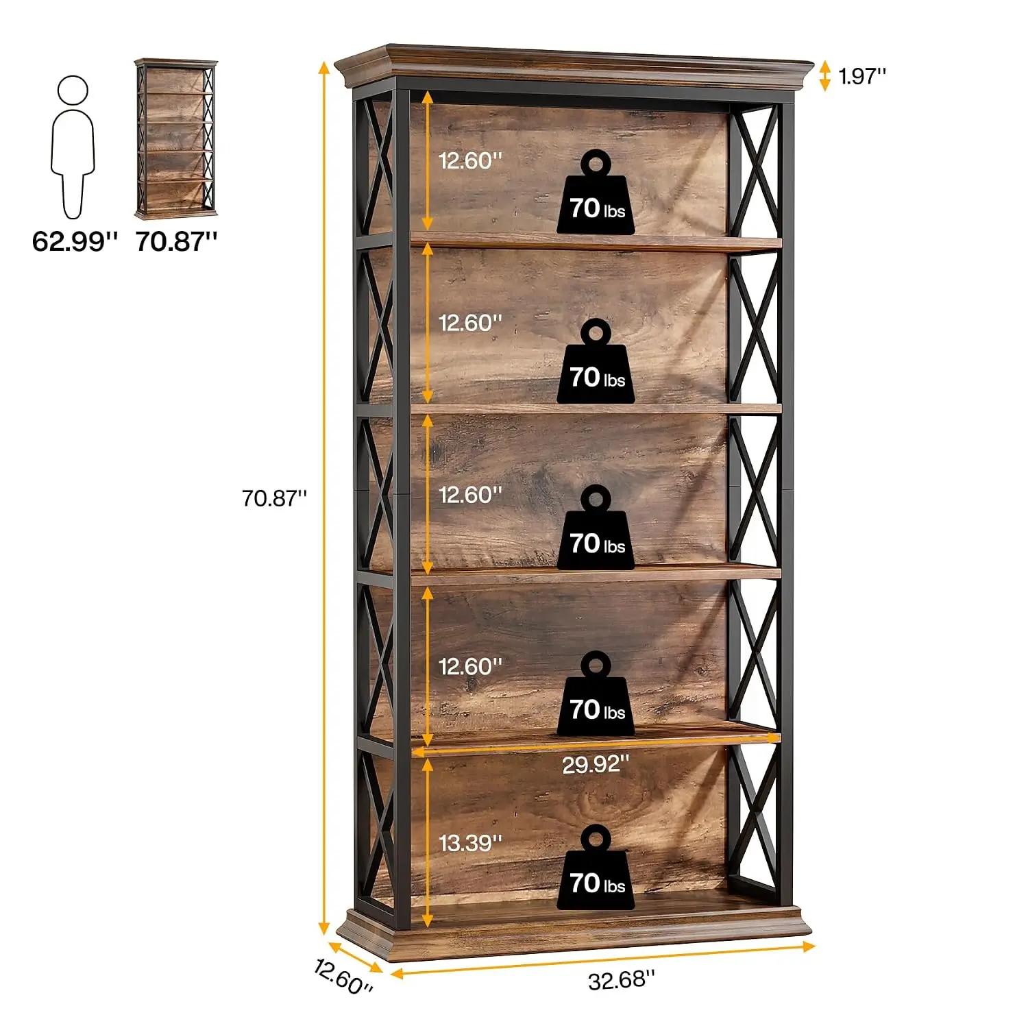 Industrial 6-Tier Bookcase Set of 2, 71 Inch Floor Standing Display Storage Shelf for Home Office Living Room, Customized