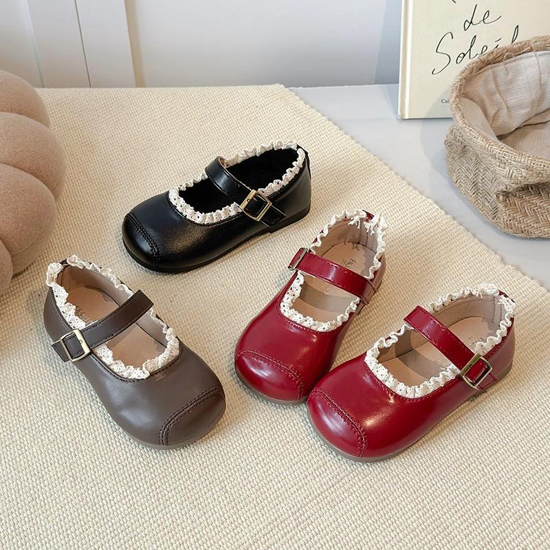 

Spring Autumn Children's Leather Shoes Sweet Ruffled Edge Kids Dress Flats Causal Princess Ballet Fashion Girls Mary Jane Shoes