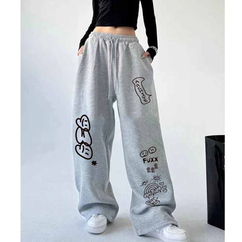 女性用ハイウエストプリントパンツ,ドローストリング付きロングパンツ,カジュアル,オールマッチ,ヴィンテージ,韓国,カワイイ,ソフト,キュート,新品