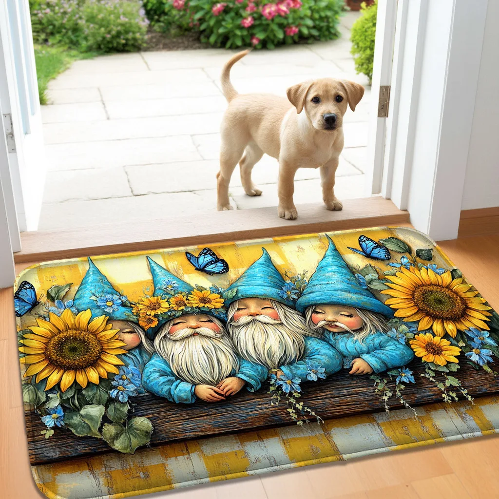 

Cartoon Dwarf Sunflower Door Mat - Blue Butterfly Printed Anti Slip Carpet Mat, Suitable for Home and Living Room Decoration