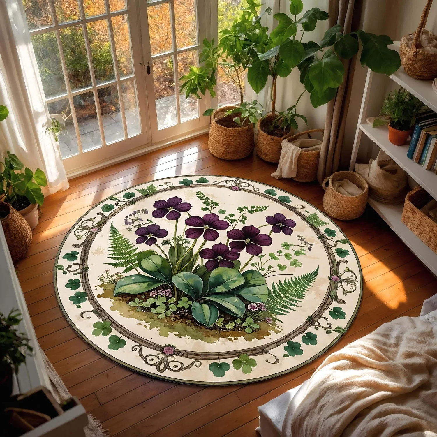 Vitex Plant Circular Rug, Featuring Clover and Purple Clover Patterns, Suitable for Plant Enthusiasts, in a Pastoral Plant Style, Can Be Used in a Reading Corner or Sunroom
