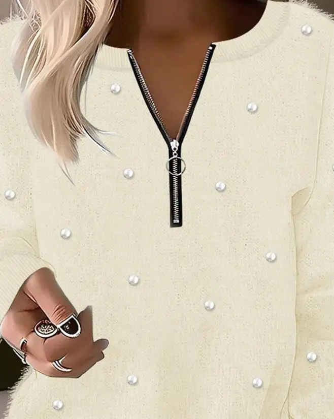 Woman Fashion Bloues Autumn Winter Long Sleeve Round Neck Zipper Design Pearls Decor Fuzzy Top Basics Casual Female Tee Pullovre