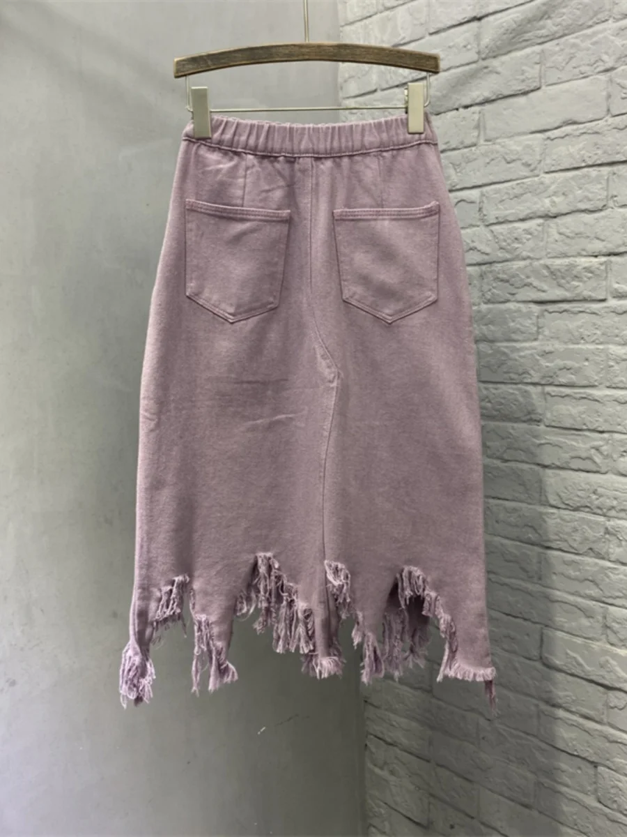 大サイズフリンジガール夏の新ハイウエストルーズ不規則なデニムスカートエレガントなパープルロング A ラインシンプルな多用途スカート