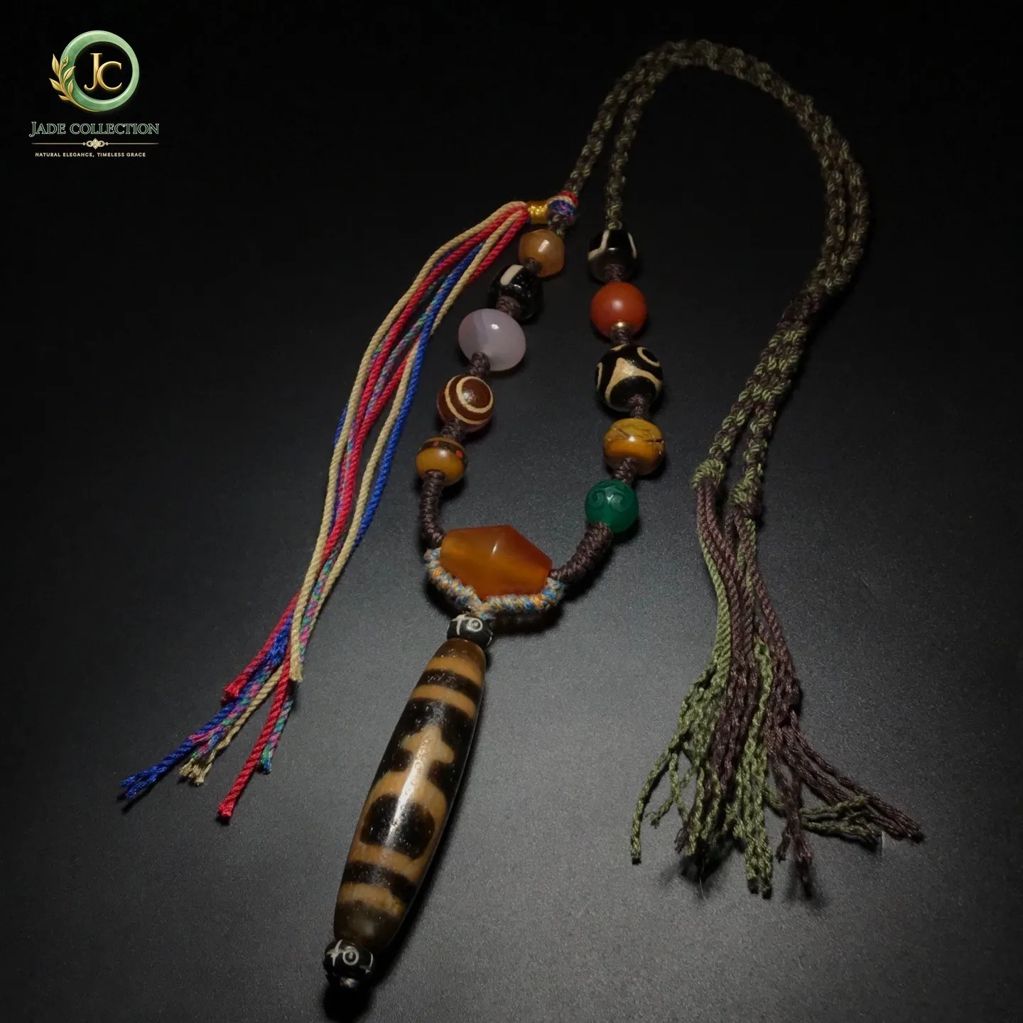 Tibetan Old Agate dZi Multiple patterns Aquarius Beads Amulet Necklace J0406