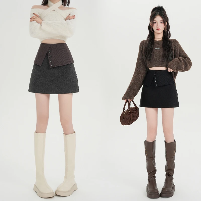 2026 Autumn Winter Women Fake Two-Piece Knit Spliced Woolen Mini Skirt, High Waist Slim A-Line Skort With Built-in Safety Shorts
