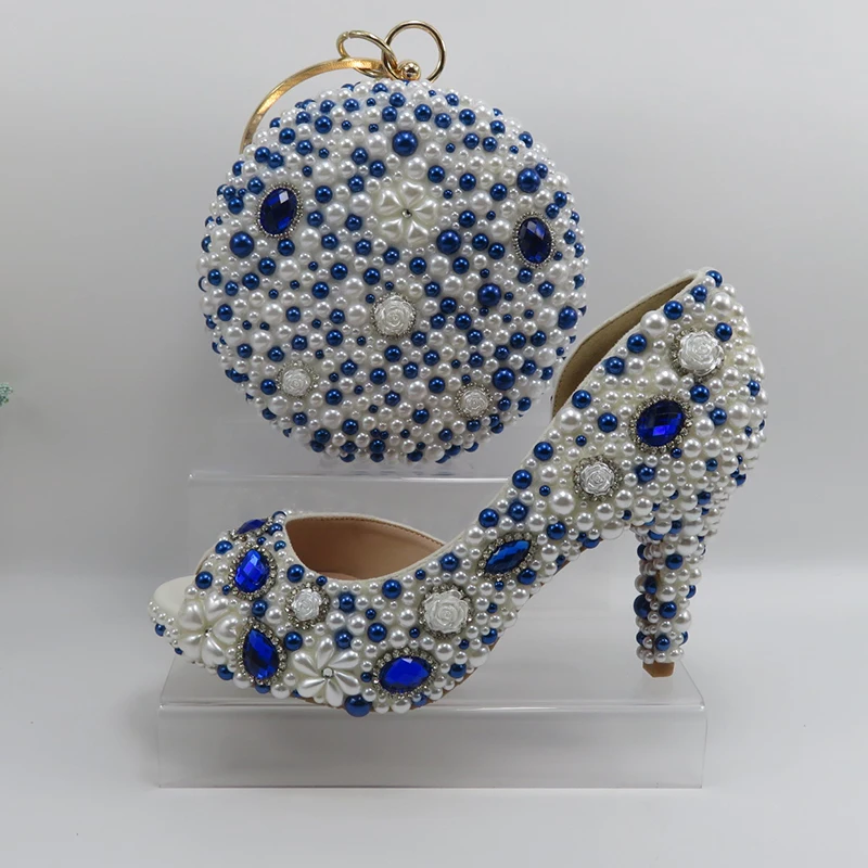 

Fashion White Blue pearl wedding shoes paired with handbag bride's high heels fashionable shoes and handbag set fish mouth shoe