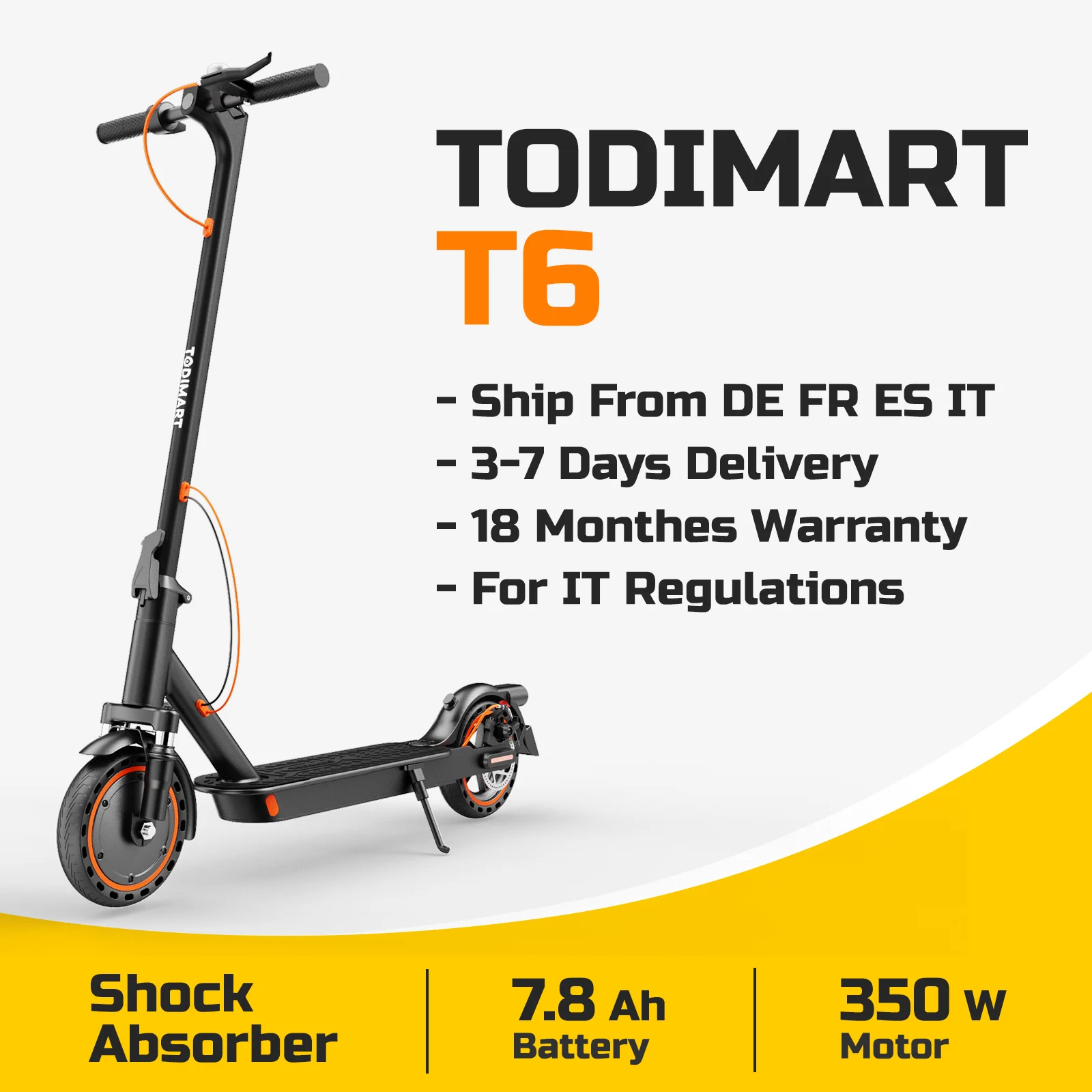 Patinete eléctrico TODIMART T6 para adultos con amortiguación de resorte, protección antirrobo, neumáticos, 350W, 25 KM/H, aplicación para patinete.