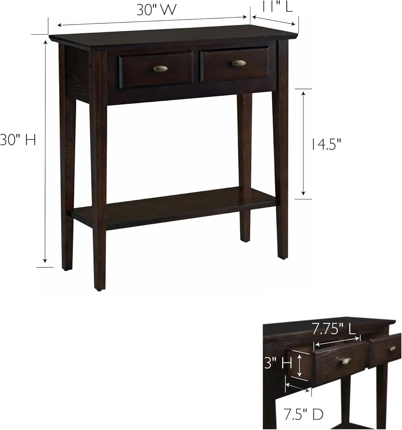 Teegan Solid Wood Hall Entryway Console Sofa Table with Shelf and Two Drawers Chocolate Oak Brown Perfect for Entryways Hallways