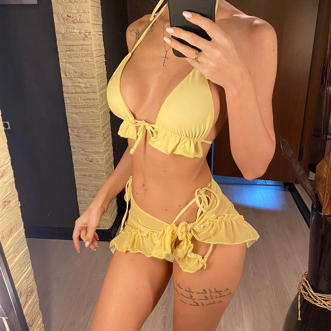 Sexy Bikini mit Sarong, Neckholder und Rüschen, Damen-Badeanzug, dreiteiliges Bikini-Set, Badebekleidung, Badeanzug, Schwimmanzug V4144W – Detail 16