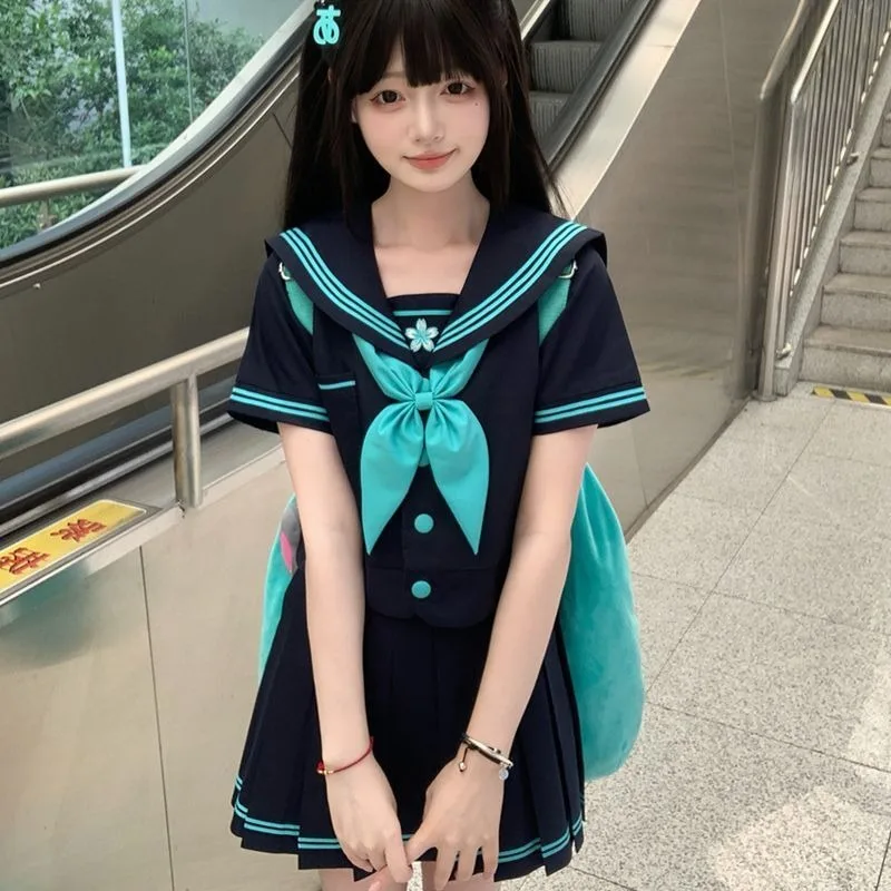 JK 유니폼 선원 복장 정품 일본 대학 스타일 기본 학생 반팔 양복 귀여운 역할 놀이 반팔 여름 청록색