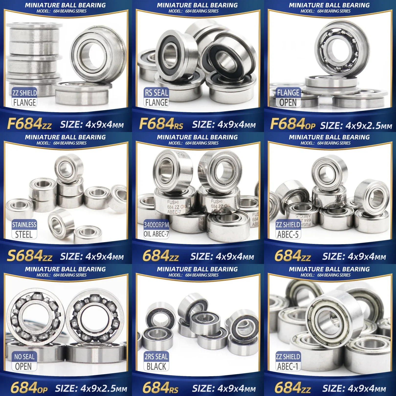 FUSHI 684 2RS Lager 4x9x4 mm 10 Stück 684RS 684ZZ 684Open Handstück Lager für starke Industriemotoren High Speed 940ZZ