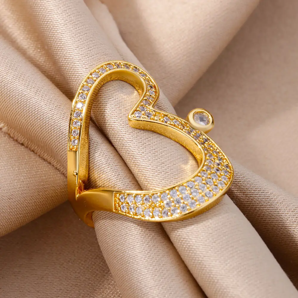 Stainless Steel Heart Rings For Women Gold Color CZ Crystal Zircon Open Finger Ring Wedding Aesthetic Jewerly Gift anillos