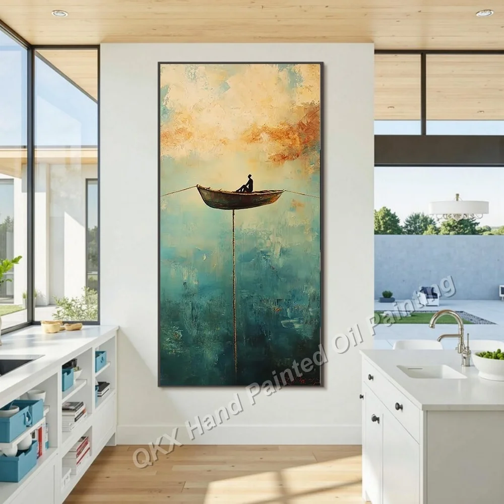 Surreal Solitary Man Boat Thick Textured Scenery 100% Hand-Painted Oil Painting on Canvas Wall Art Decor for Living Room