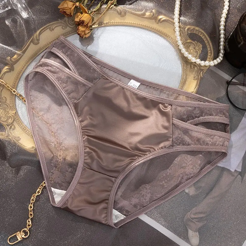 

Sexy Mid Rise Briefs Women's Underwear Lace Satin Breathable Lingerie Plus Size Triangle Seamless Pants Japanese Woman Panties