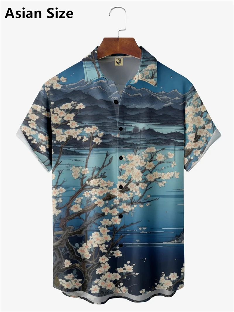 Estilo japonês flor de cerejeira padrão camisa masculina impressão 3d reteo havaiano praia camisa nova ao ar livre casual blusa de manga curta
