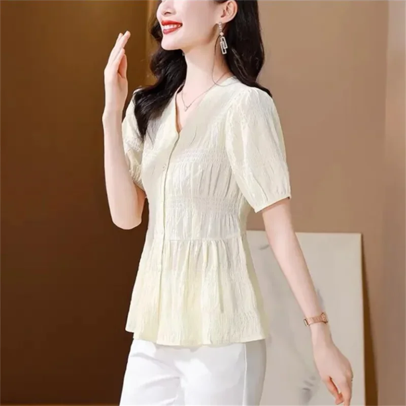 

Loose Blouses Summer Cardigan Top For Women Short Sleeve Shirt Belly Covering Top Woman Pleated Tunic Slim Shirt Grace Female