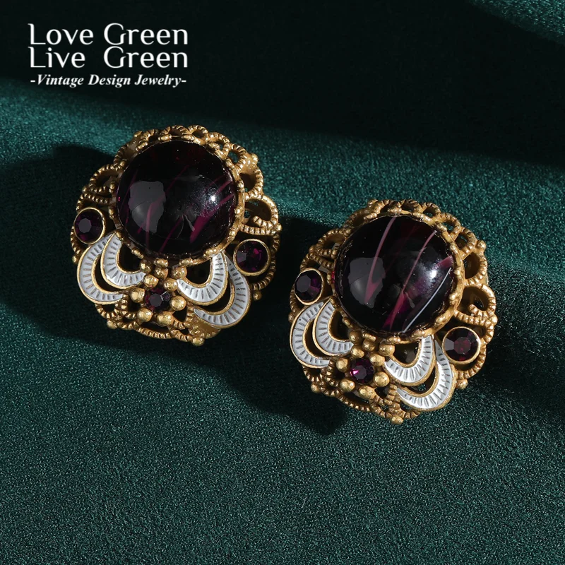 

Vintage Round Purple Glass Stud Earring Chinese Style Lion Dance Antique Gold Color Jewelry Engagement For Woman Accessories
