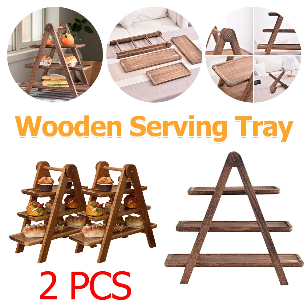 

2 шт. деревянное сервировочное блюдо, 3-х уровневый сервировочный поднос, многофункциональный многоуровневый поднос для кексов, складная полка для хранения еды для домашней кухни