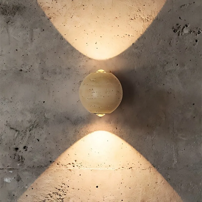 Japandi Travertine Wall Light Sphere Natural Stone Up Down Wall Sconce Industrial Modern Bedroom Bedside Hallway Art Lamp