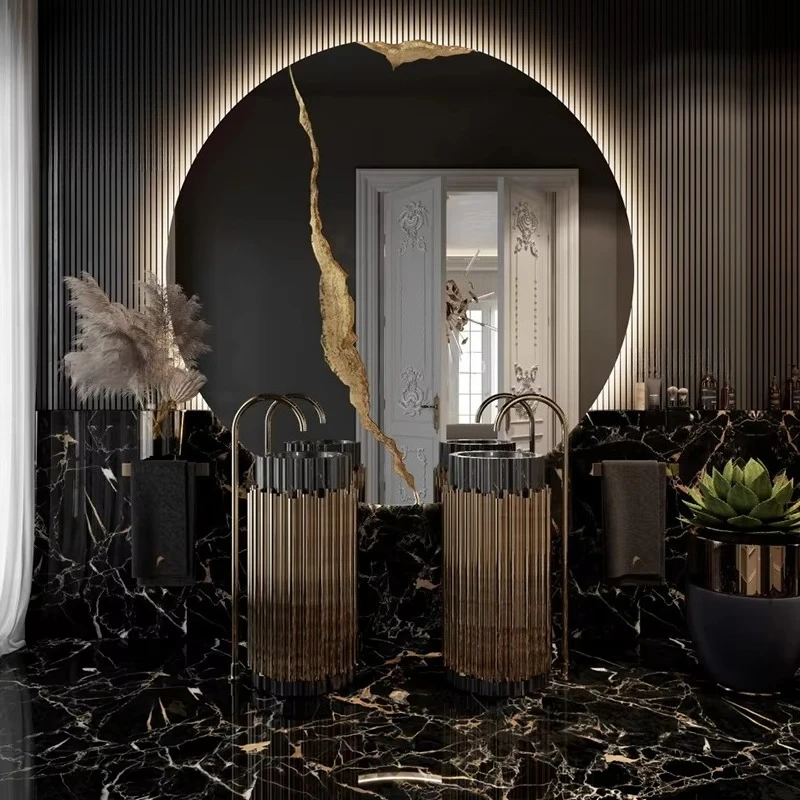 Modern Design Stunning Guest Bathroom Freestanding Washstand Gold Stainless Steel Framed Black Marble Washbasin Sink