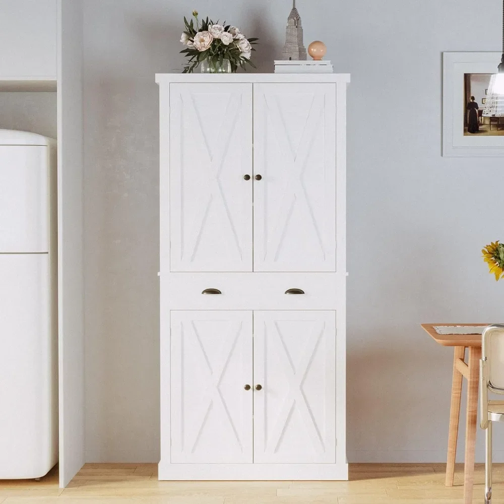 Kitchen Pantry Storage Cabinet 72" Height, with Barn Doors, Drawer,4 Adjustable Shelves, Freestanding Cupboard for Dining Room