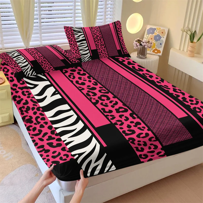 Pink Leopard Zebra Stripe Patchwork Fitted Sheet Set Elastic Non-slip Soft Fabric Y2K Coquette Girly Dorm Bedroom Bedding