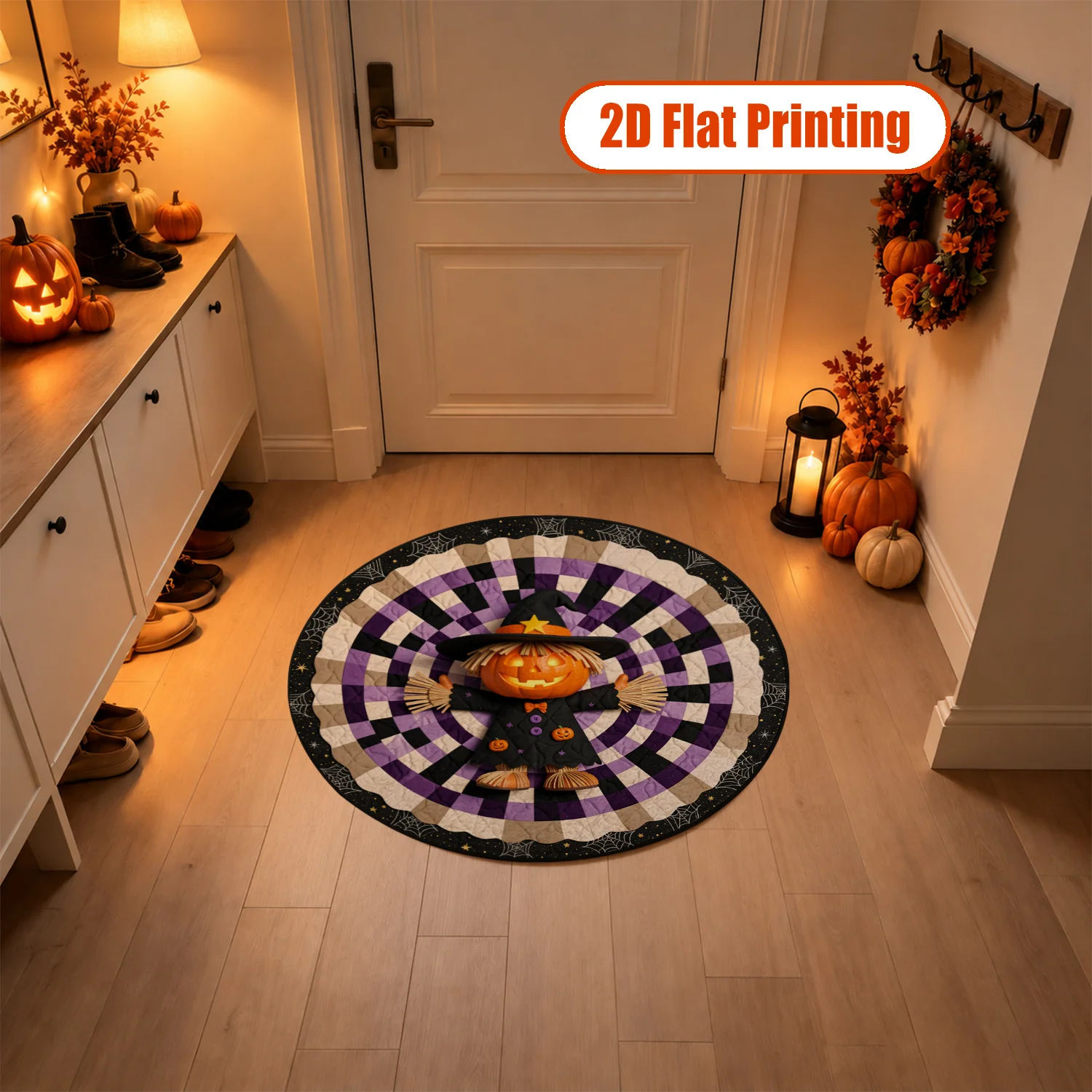 Halloween Pumpkin Scarecrow Spider Web Pattern Round Velvet Table Mat, Machine Washable Table Topper for Dining Table, Kitchen Counter, Coffee Table, Ideal for Halloween, Thanksgiving, Black Friday, Christmas, New Year Home Decor