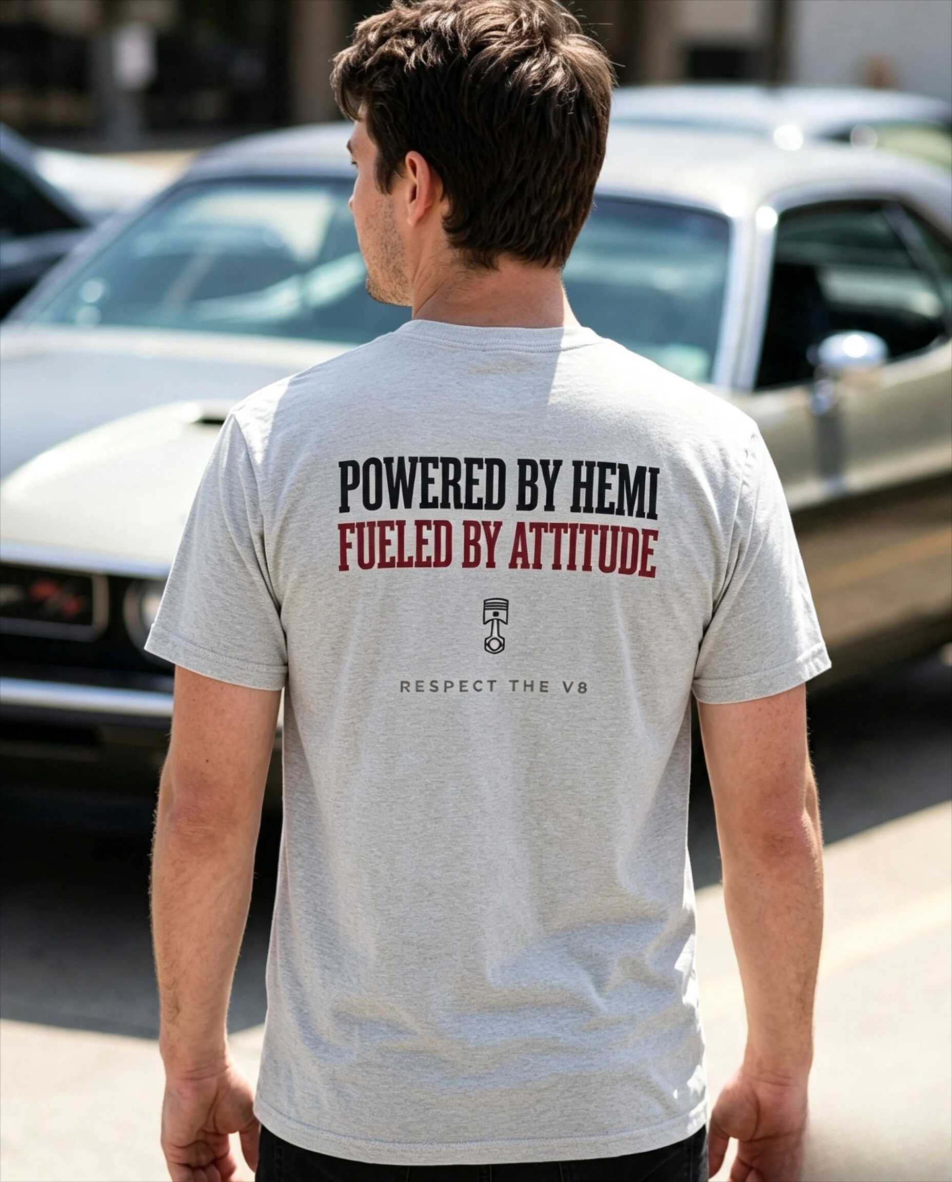 Muscle Car Shirt, No Replacement for Displacement Back Print Tee, V8 Engine Gearhead Gift for Car Guy Casual Fashion