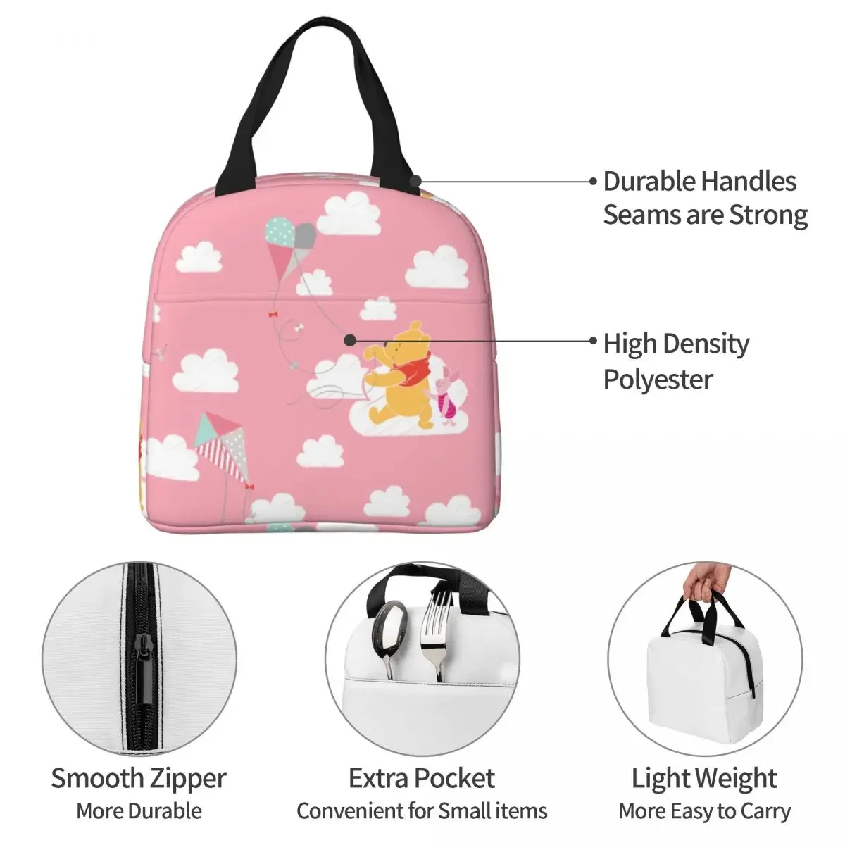 Winnie The Pooh Pink Flying Kite Insulated Lunch Bags borsa termica contenitore per pasti Tote a tenuta stagna Lunch Box uomo donna Outdoor