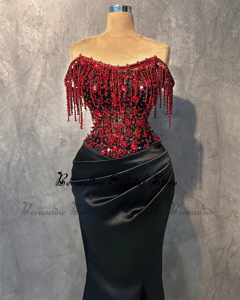 Bernadine Exquisite Sheath Evening Dresses Mermaid Sleeveless Beadings Pleated Rhinestone Satin Abendkleider Custom Made