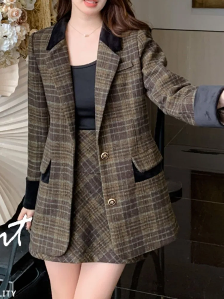 Winter Women Elegant Casual Plaid Blazer Skirts Suit Vintage Business Formal Jackets Coat Mini Saya Outfits Female 2 Pieces Set