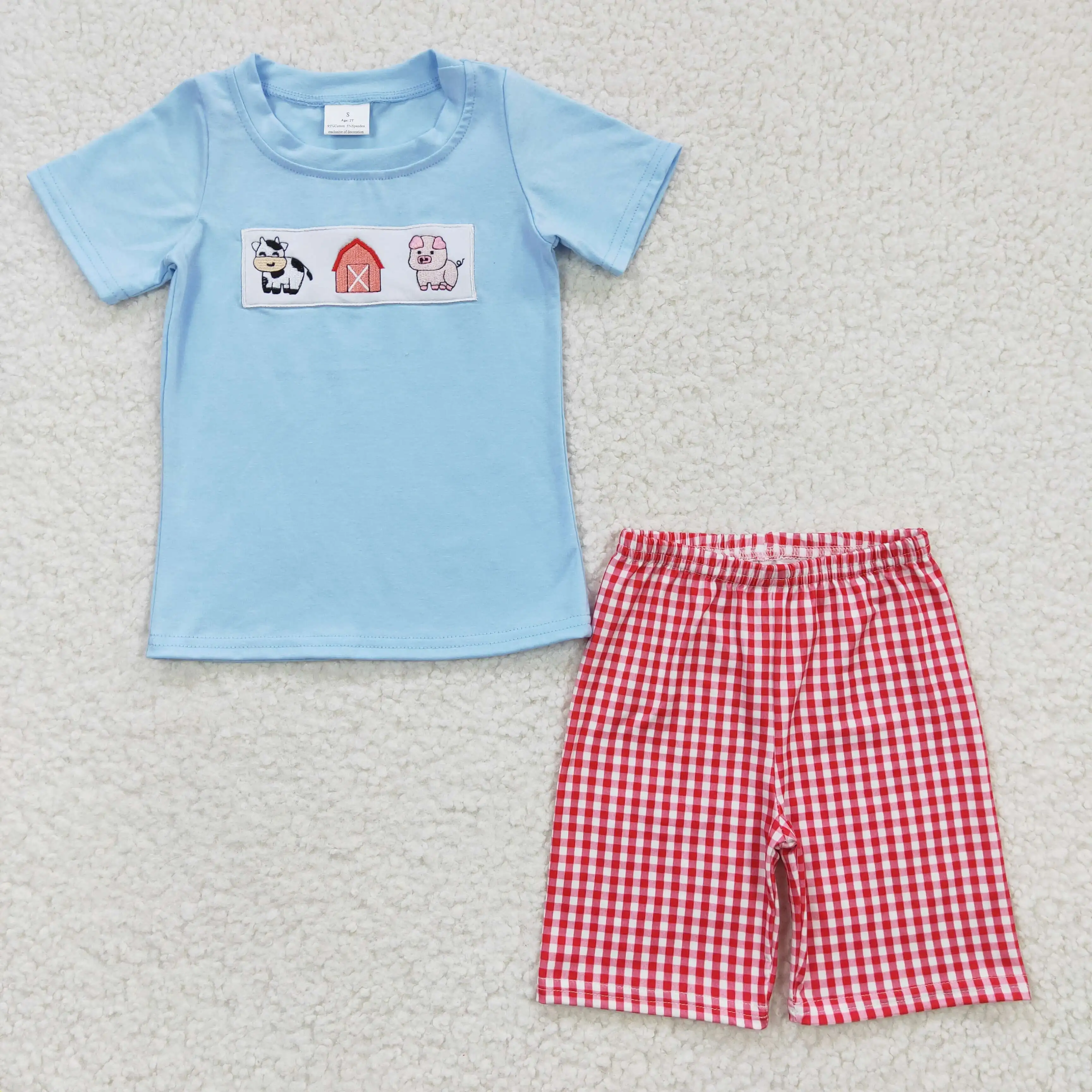 2023 Latest Update RTS Embroidery Boys Clothing Toddler Children Farm Outfits Baby Summer Shorts Sets