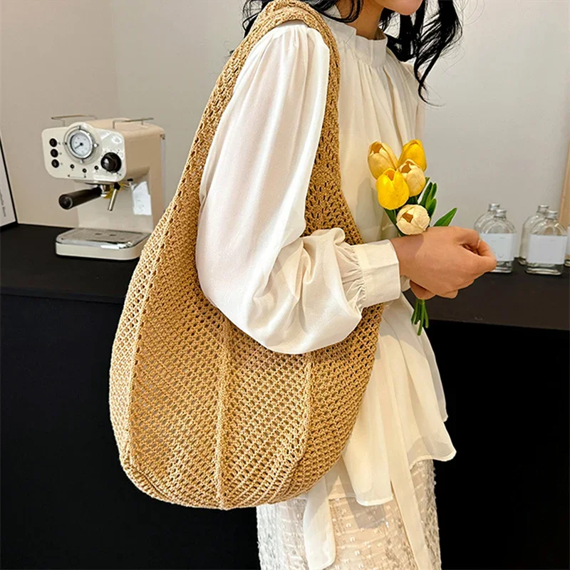 Women Crochet Tote Bag Mesh Beach Shoulder Bag Large Capacity Fashion Knitted Bag Simple Shopping Handbag for Travel Vacation