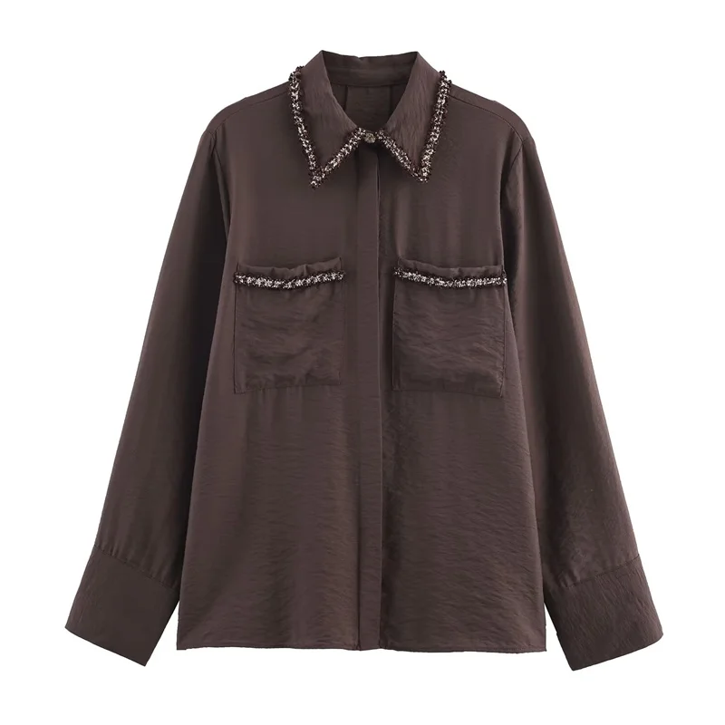 2025 Autumn New Women's Clothing, textured trim shirt, brown tones, sequin lapel, patch pocket design.