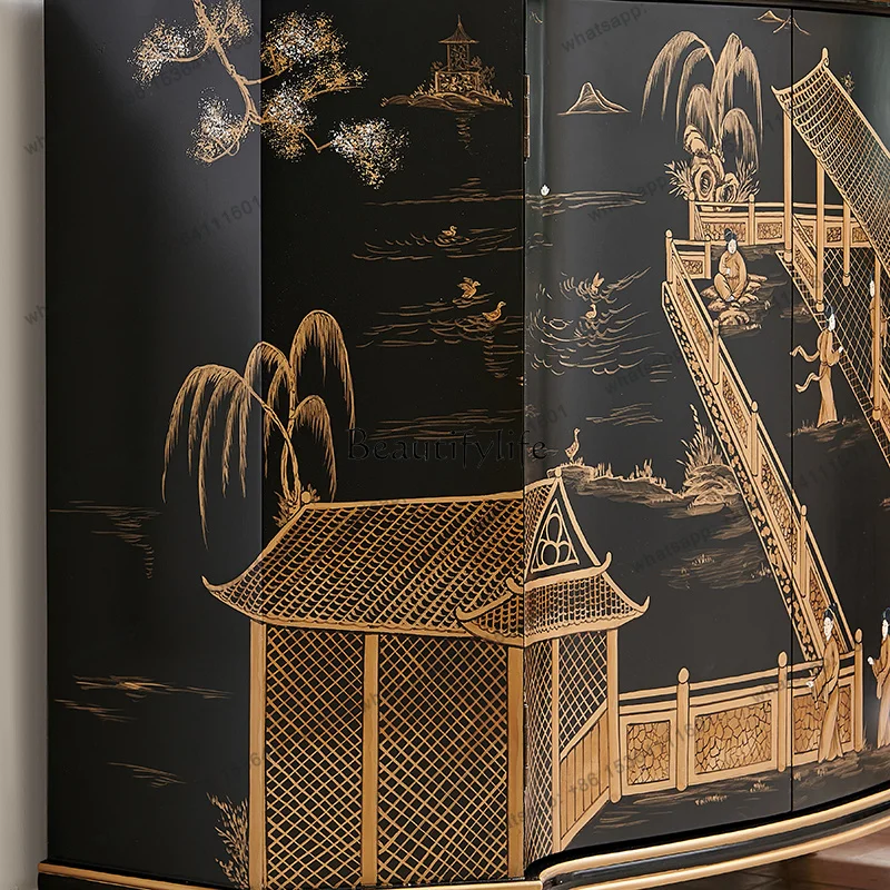 Factory Direct  New Chinese black gold-painted French medieval painted people enter the house solid wood porch foyer cabinet