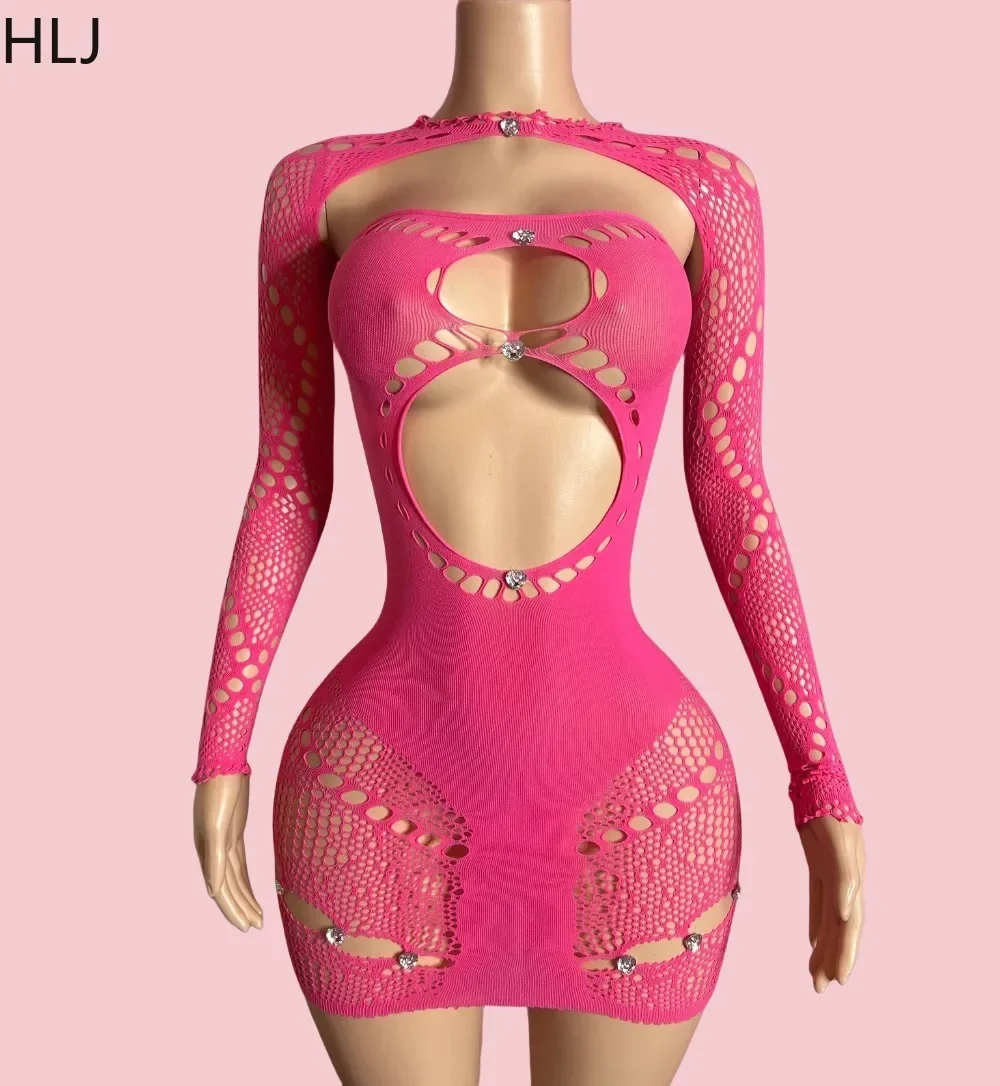 HLJ Sexy Knit Bodycon Mini Dress for Women Hollow Out Rhinestone Patchwork Stretch Chic Shawl +Dresses Female 2025 Spring New