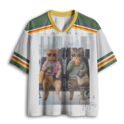 Cute Travel Cats At Airport Print Men V Neck Mesh Jersey Funny Animal Short Sleeve Top