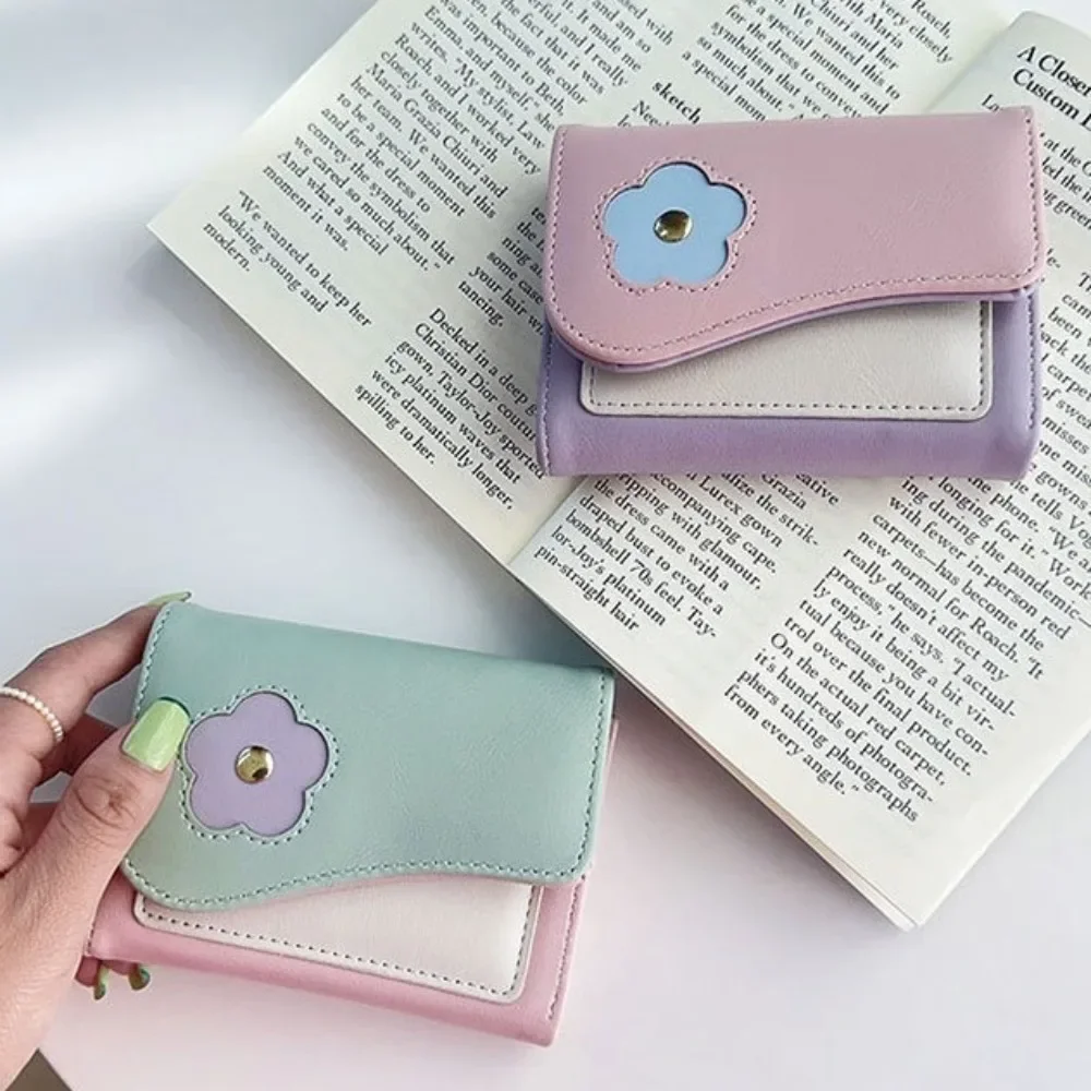 Simple Flower Short Folding Card Bag PU Color Contrast Color-matching Purse Cartoon Causal Trifold Wallet Daily