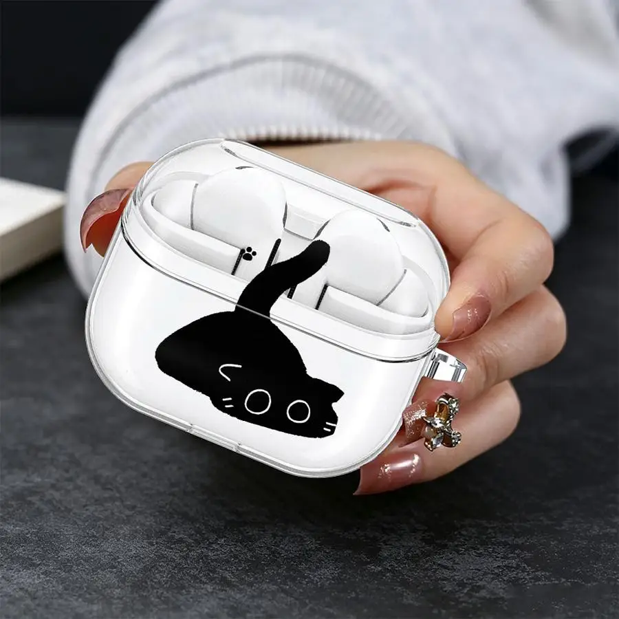 Black Cat Doodle Print Case For Samsung Galaxy Buds 2 Live 4 Pro 4Pro 2Pro 3 FE 3Pro Clear Earphone Cases Cover With Hook view 6