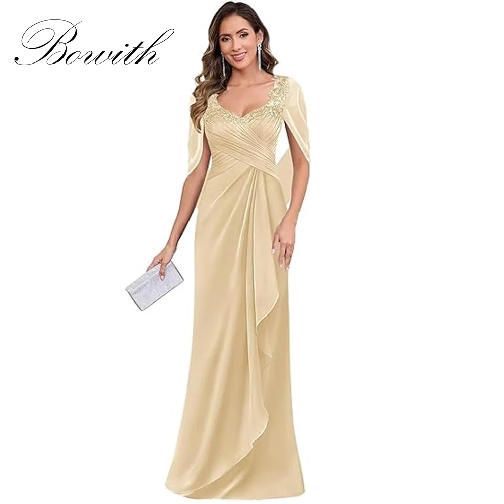 

Bowith Elegant Lace Applique Mother of The Bride Dresses for Wedding V Neck Customized Formal Evening Gown with Cape Sleeve
