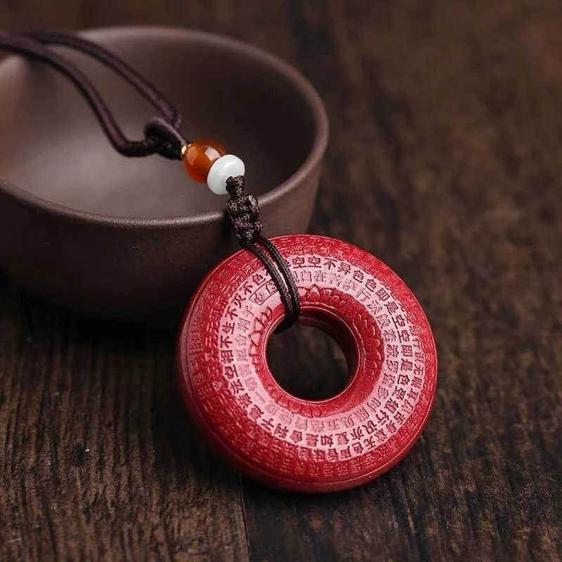 

Natural Ore Cinnabar Buddhist Heart Sutra Buckle Pendant Cinnabar Sweater Chain Jewelry for Men and Women Ancient Chinese Font