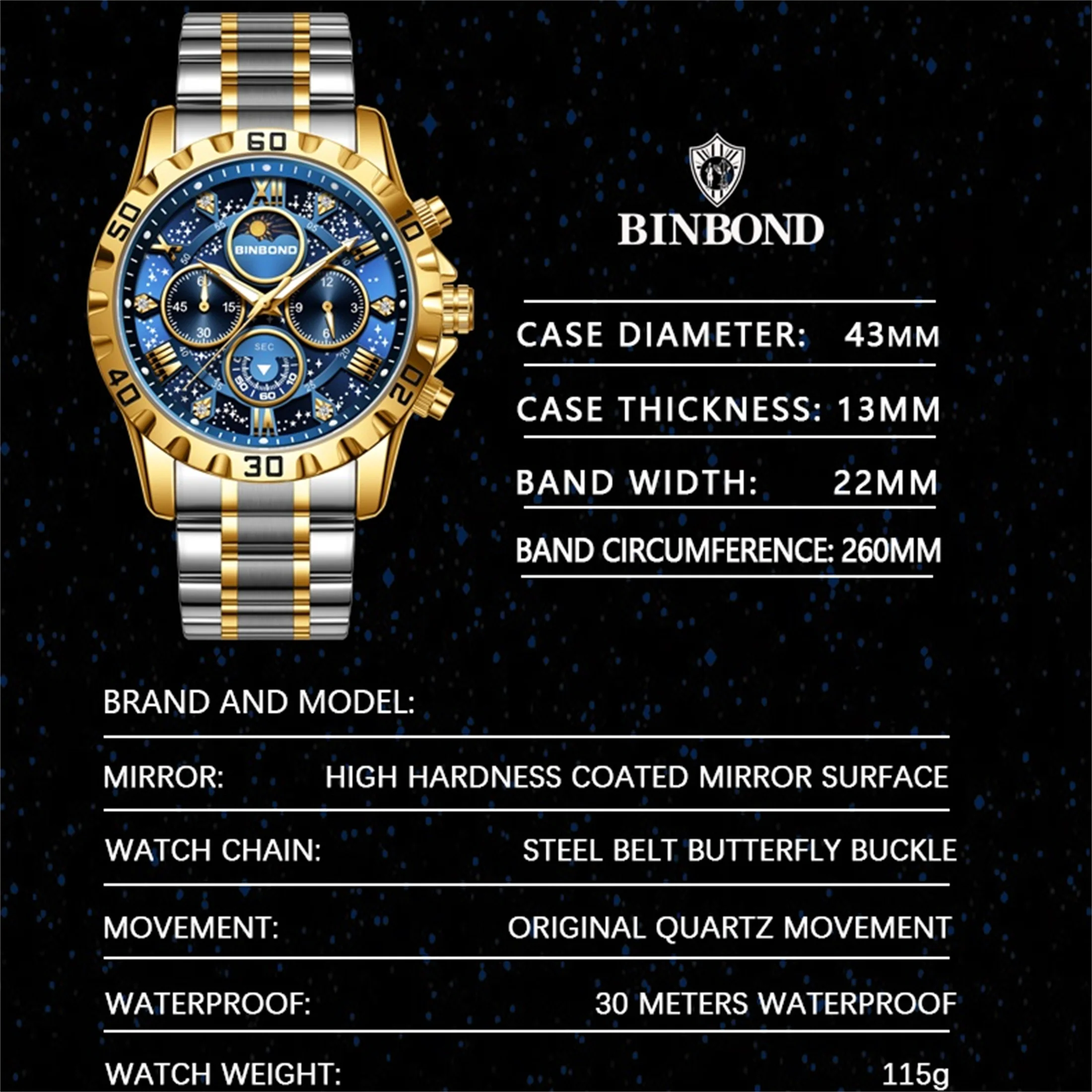 Chronograph Watch Fashion Men\'s Watch 30M Waterproof Calendar Date Function Rhinestone Dial Stainless Steel Quartz Watch Gift