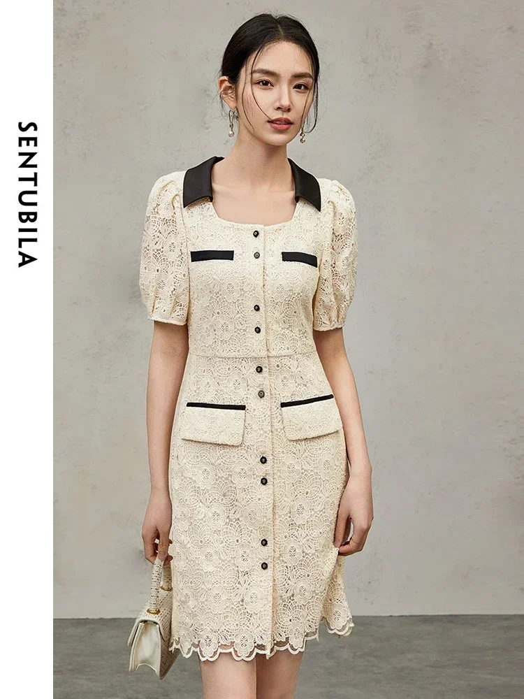 

SENTUBILA Women Summer Lace Dress 2025 Elegant Fashion Ladies Short Sleeve Contrast Lapel Mini Dresses Female Clothing 142L54538