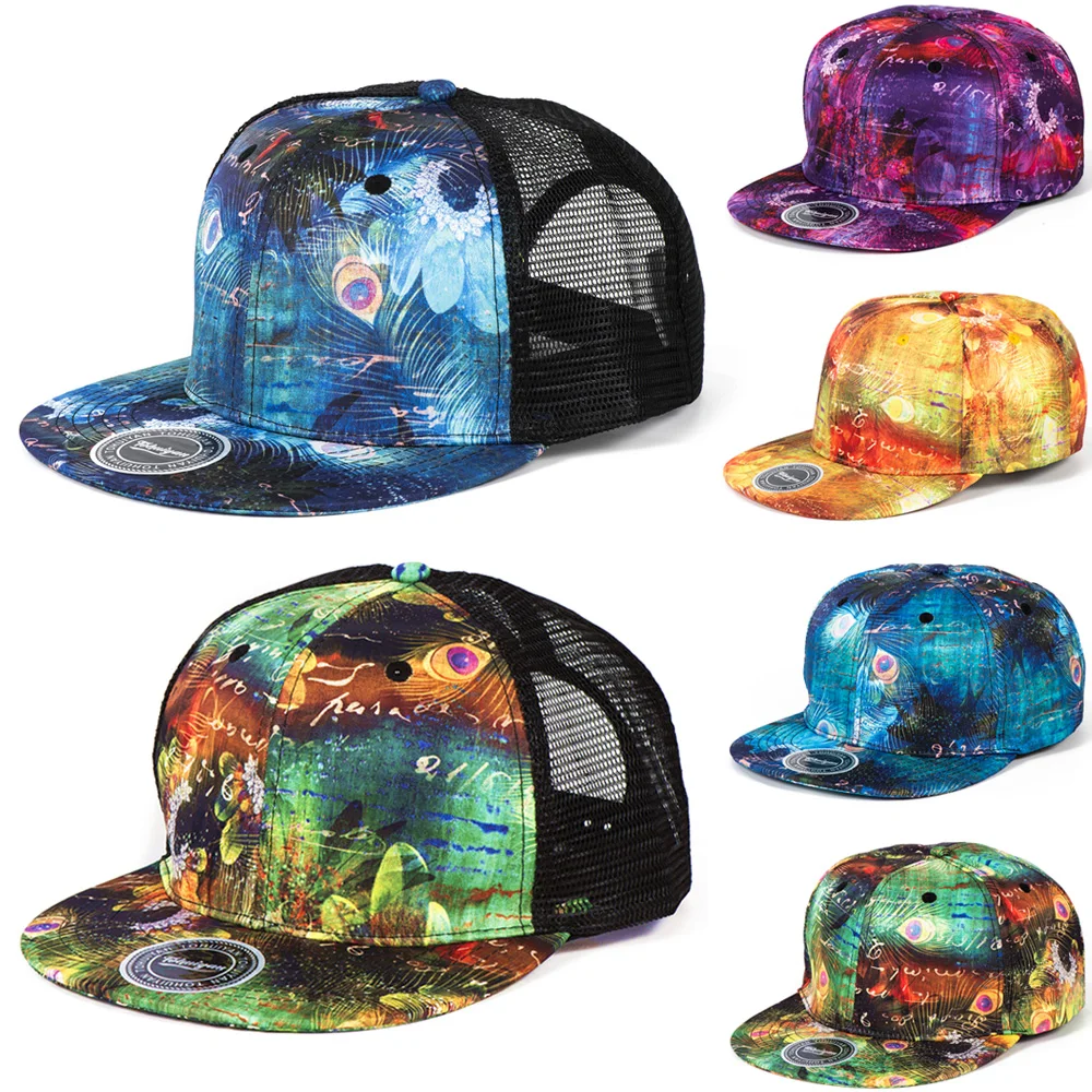 Peafowl Feather Printing Hip Hop Cap Summer Breathable Mesh Trucker Hat Streetwear Flat Visor Baseball Caps Women Men Snapback