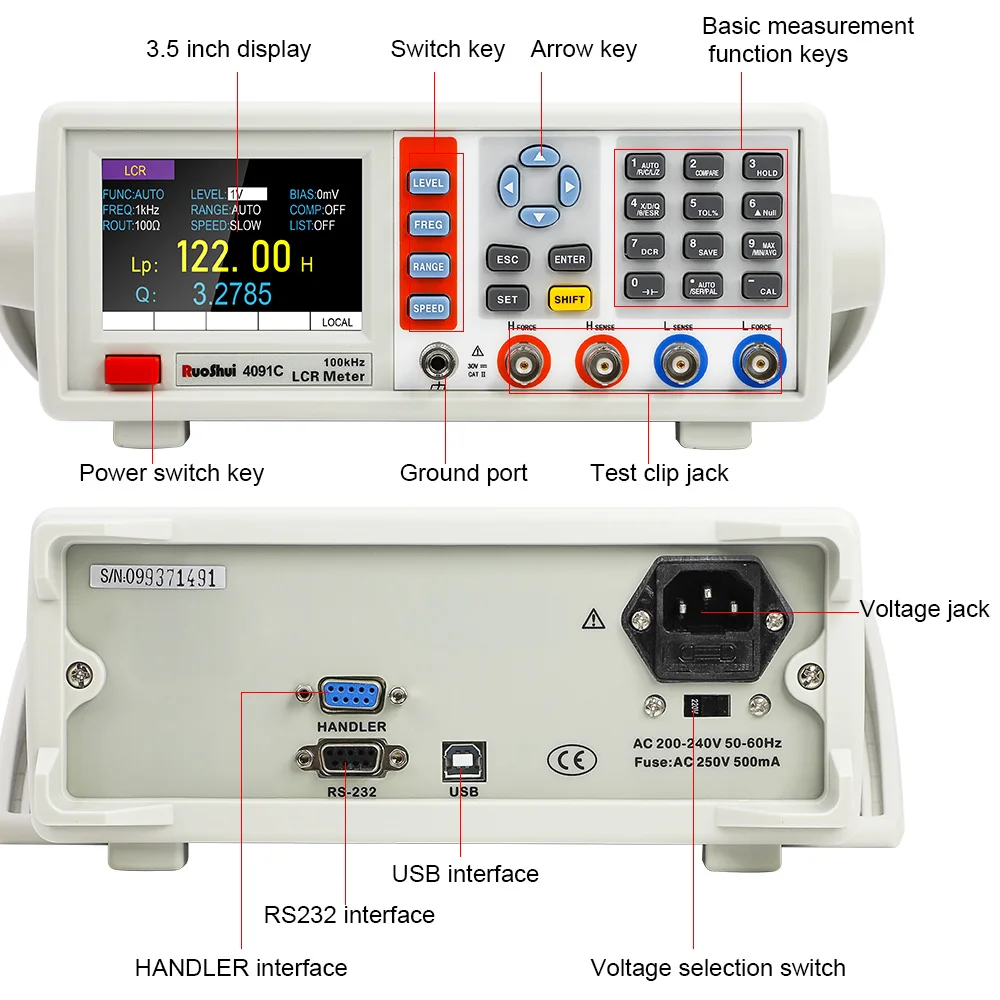 RUOSHUI 4091C Digitális Bakállvány felső LCR Fogyasztásmérő 10hz-100khz Sávszélesség Frekvencia Alkalmazkodó m 10~2000 capacimetro Digitális Fogyasztásmérő Kondenzátor