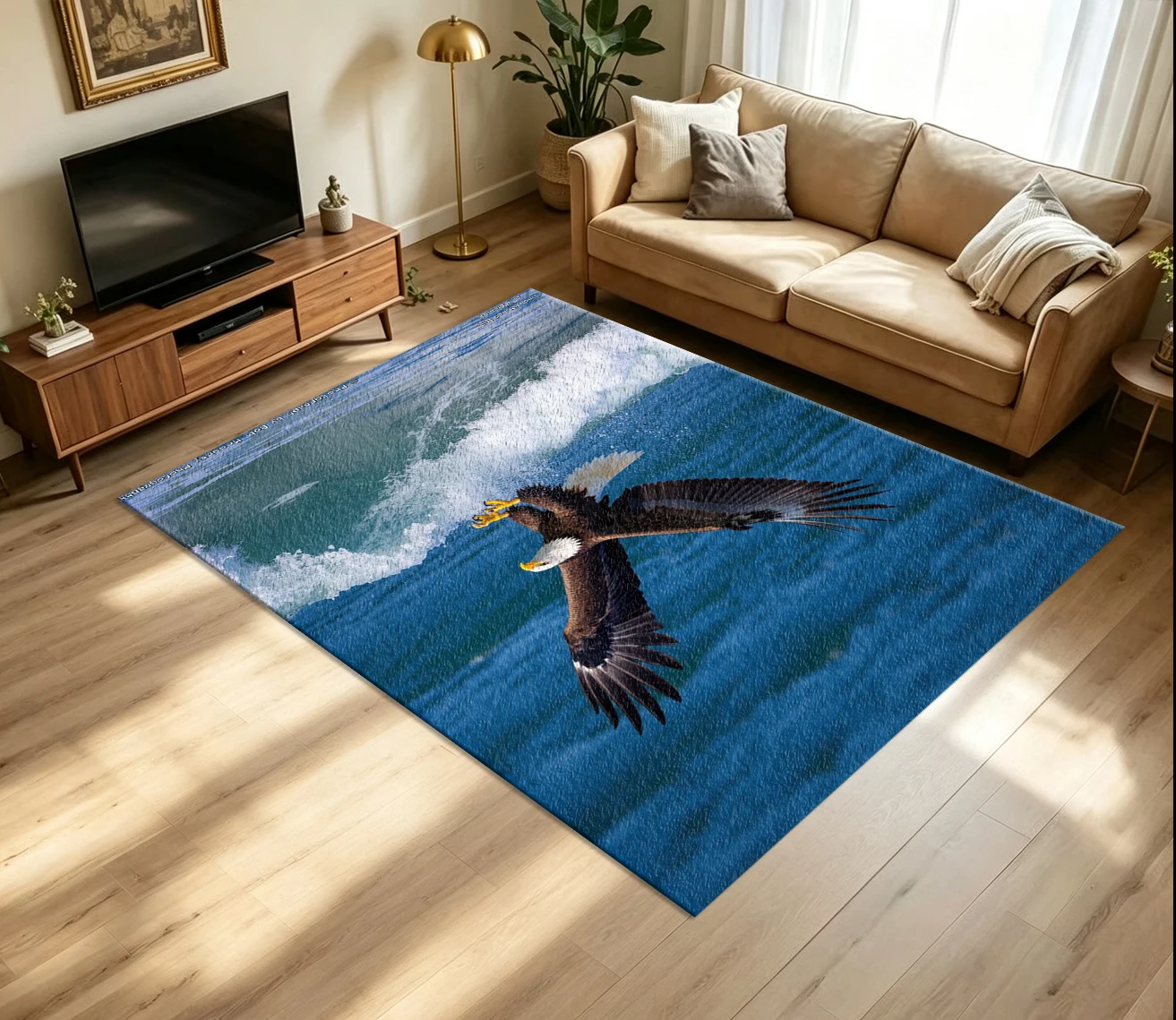 Bald Eagle Ocean Wave Carpet Flooring Wild Animal Seaside Surf Nature Landscape Art Pattern Printed Floor Rug for Household Indoor Stylish Home Room Decor