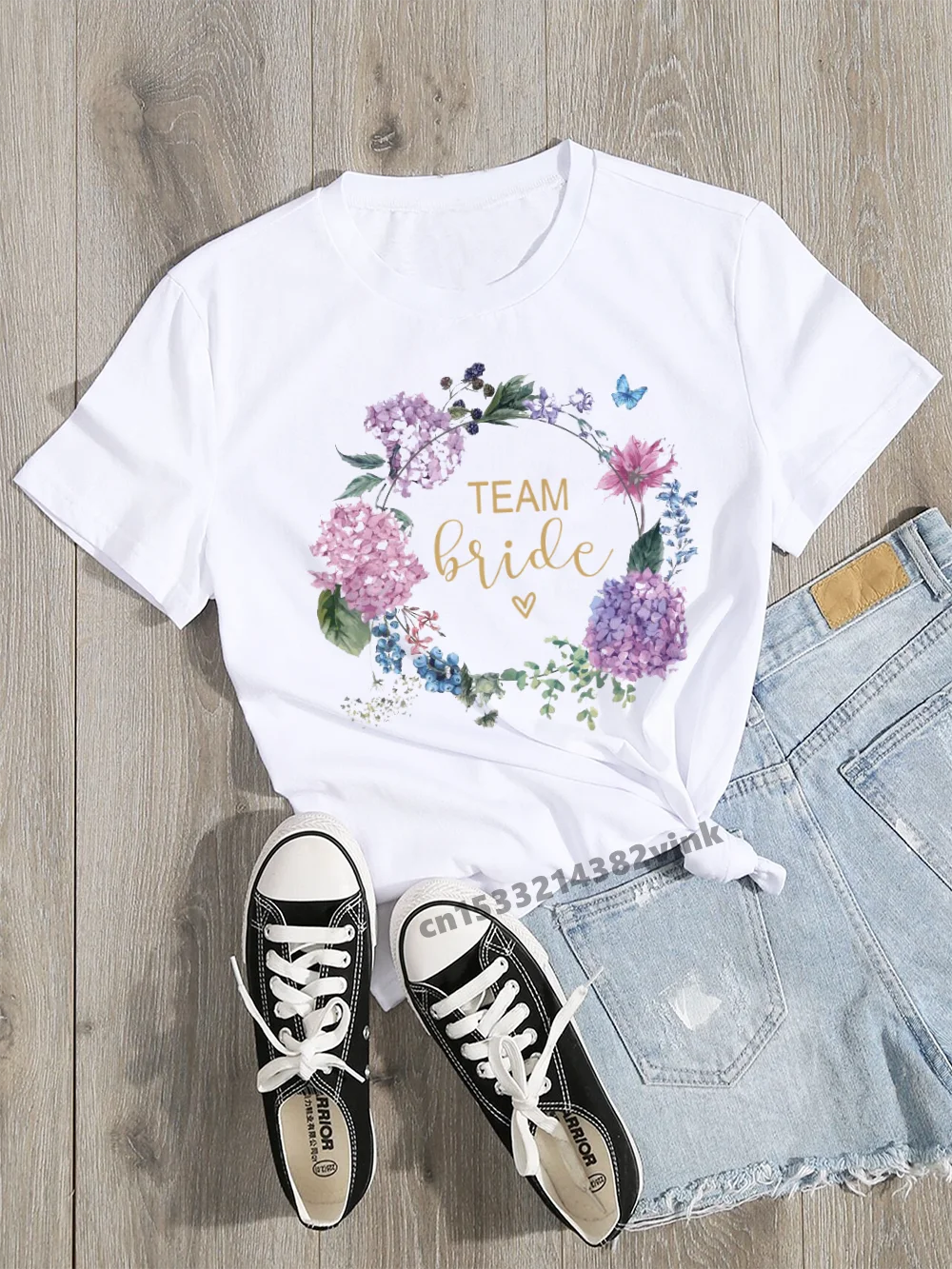 Evjf-Camiseta con estampado de corona de flores para mujer, camisa informal básica con cuello redondo, camiseta blanca de manga corta para chica